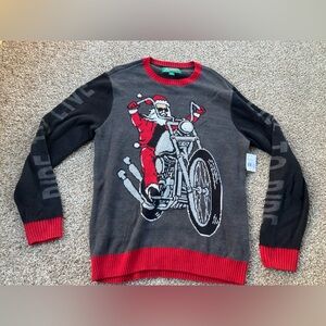 Men's Ugly Christmas Sweater Gray NWT xl Santa Claus Motorcycle Live to Ride